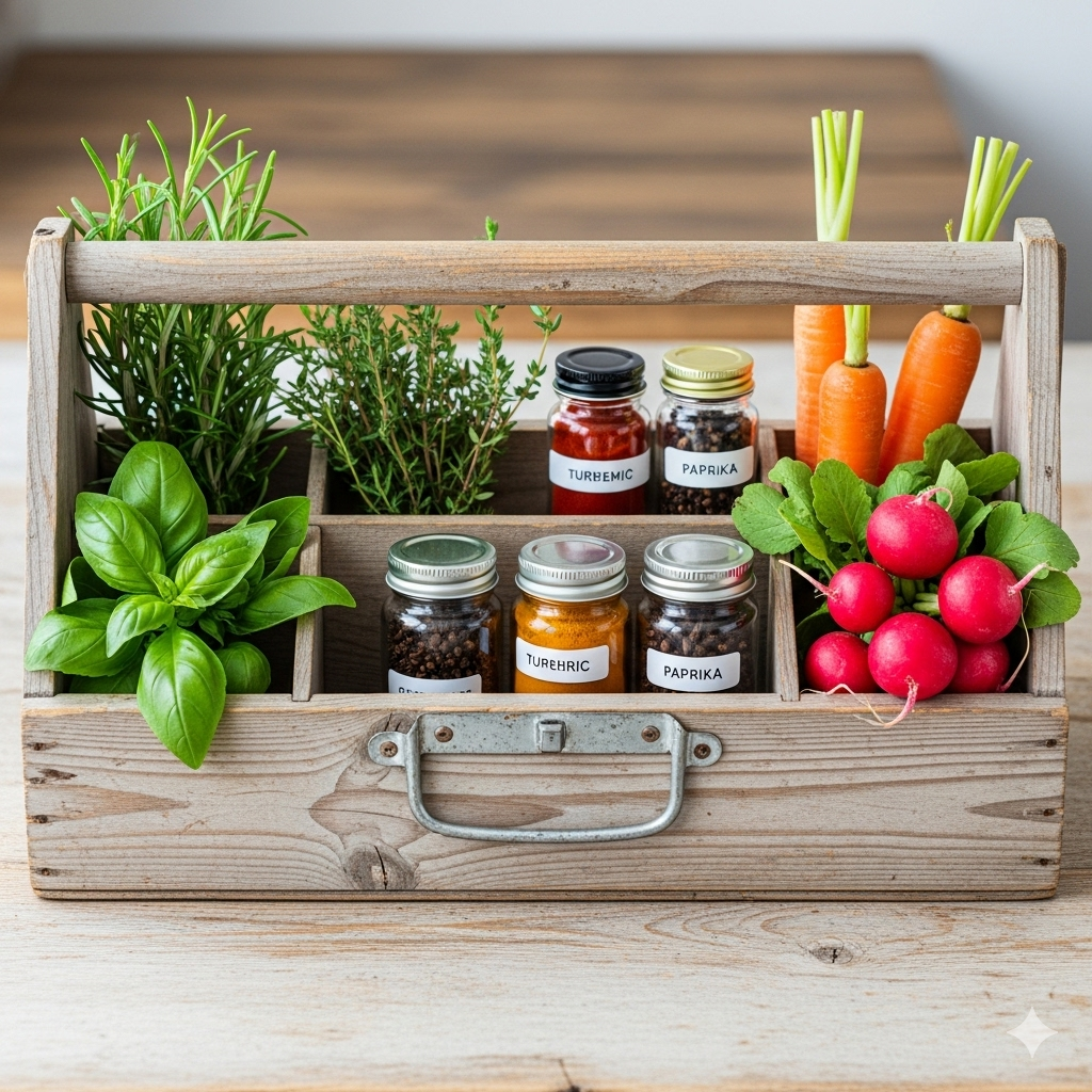 Find din egen kostvej symboliseret ved en trækasse med urter og nogle små flasker med krydderier.