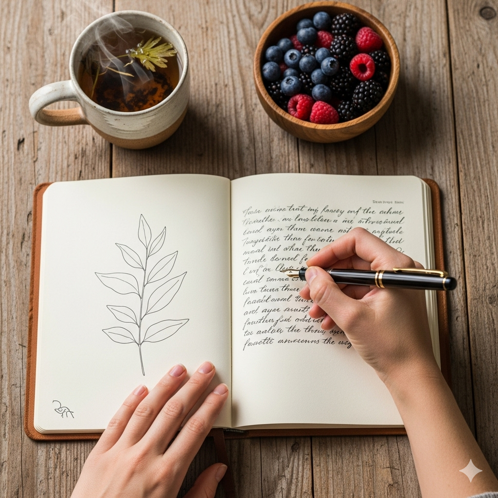 Personlig kostvej symboliseret ved en kvinde der noterer sin mad ned. der står en lille skål med frugt og en kop te bag bogen.