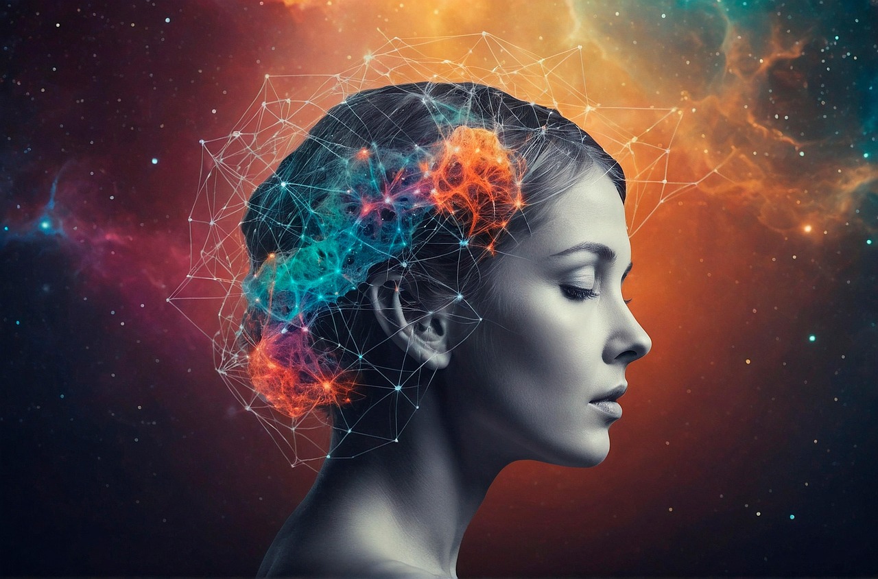 Find din kostvej symboliseret ved en kvindeansigt i profil med farvede tegninger og skyer i net over hovedet.