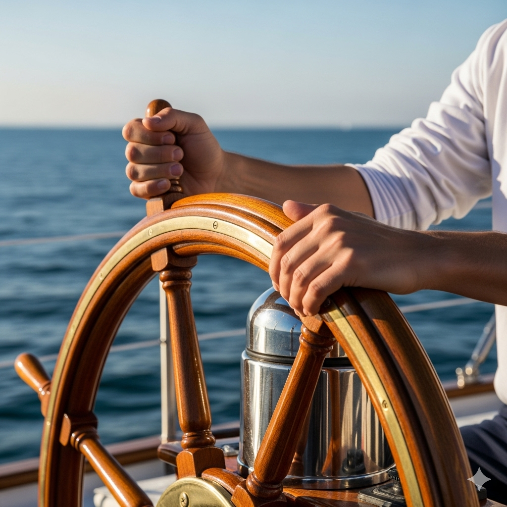 Find din egen kostvej symboliseret ved roret fra en mindre båd, hvor en står og styrer. Man ser kun underarme og det blå hav bag.