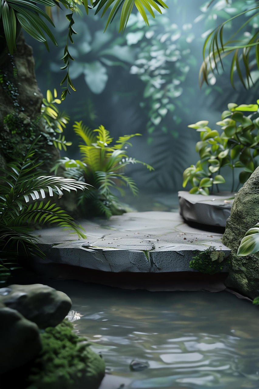 Lindre smerter med kost symboliseret ved et naturbillede hvor der er an stenafsats med vand i forgrunden og planter på siderne.