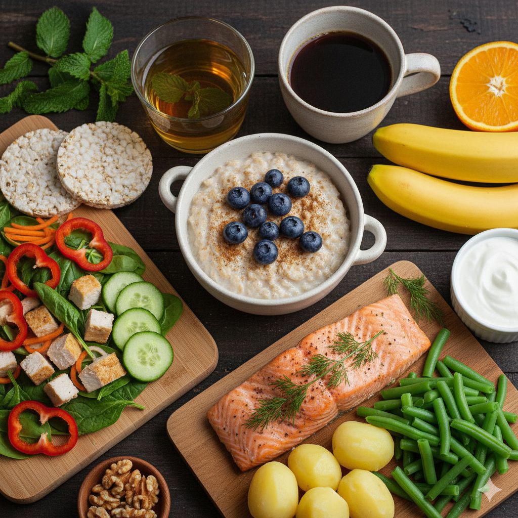 Low FODMAP diæt symboliseret ved laks, kaffe, tomater, bananer, agurk mm.