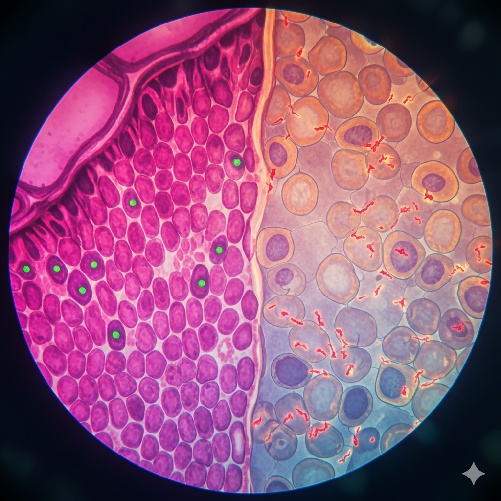 Low FODMAP diæt symboliseret ved mikroskopi af celler der er lyserøde.