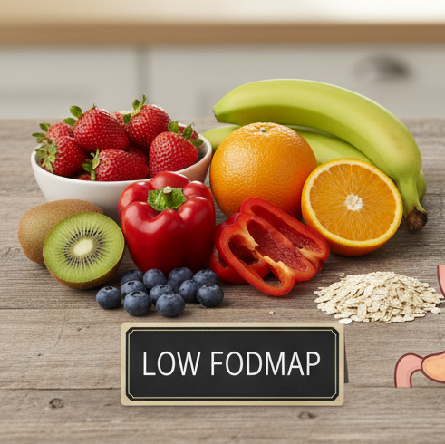 Low FODMAP diæt symboliseret ved et køkkenbord med kiwi, rød peber, blåbær, banan, tomater og appelsin.