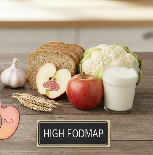 Low FODMAP diæt symboliseret ved et køkkenbord med mælk, hvidløg, æble, brød og blomkål.