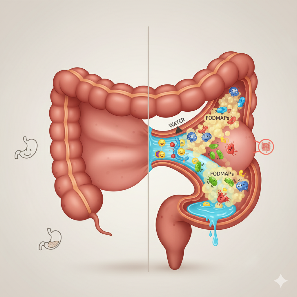 Low FODMAP diæt symboliseret ved tegning af tyktarm og processer i tarmen.
