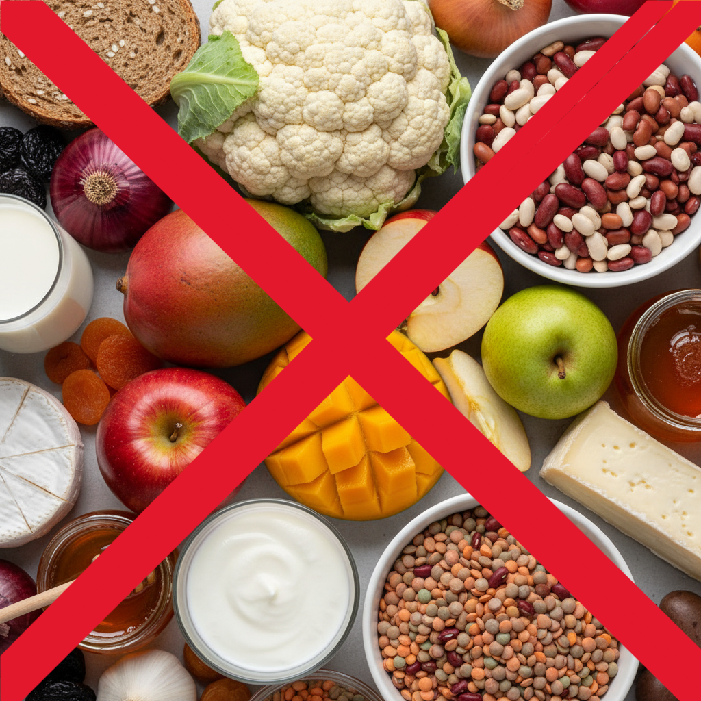 Low FODMAP diæt symboliseret ved forskellige fødevarer med et rødt kryds ind over.