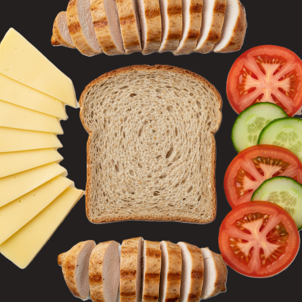 Low FODMAP diæt symboliseret ved brød, stegt kylling, ost, tomat og agurkeskiver.