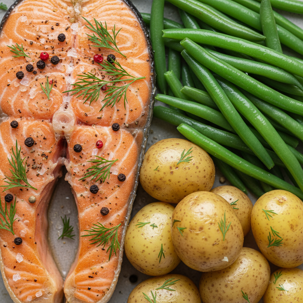 Low FODMAP diæt symboliseret ved ovnbagt laks, kartofler og grønne bønner.