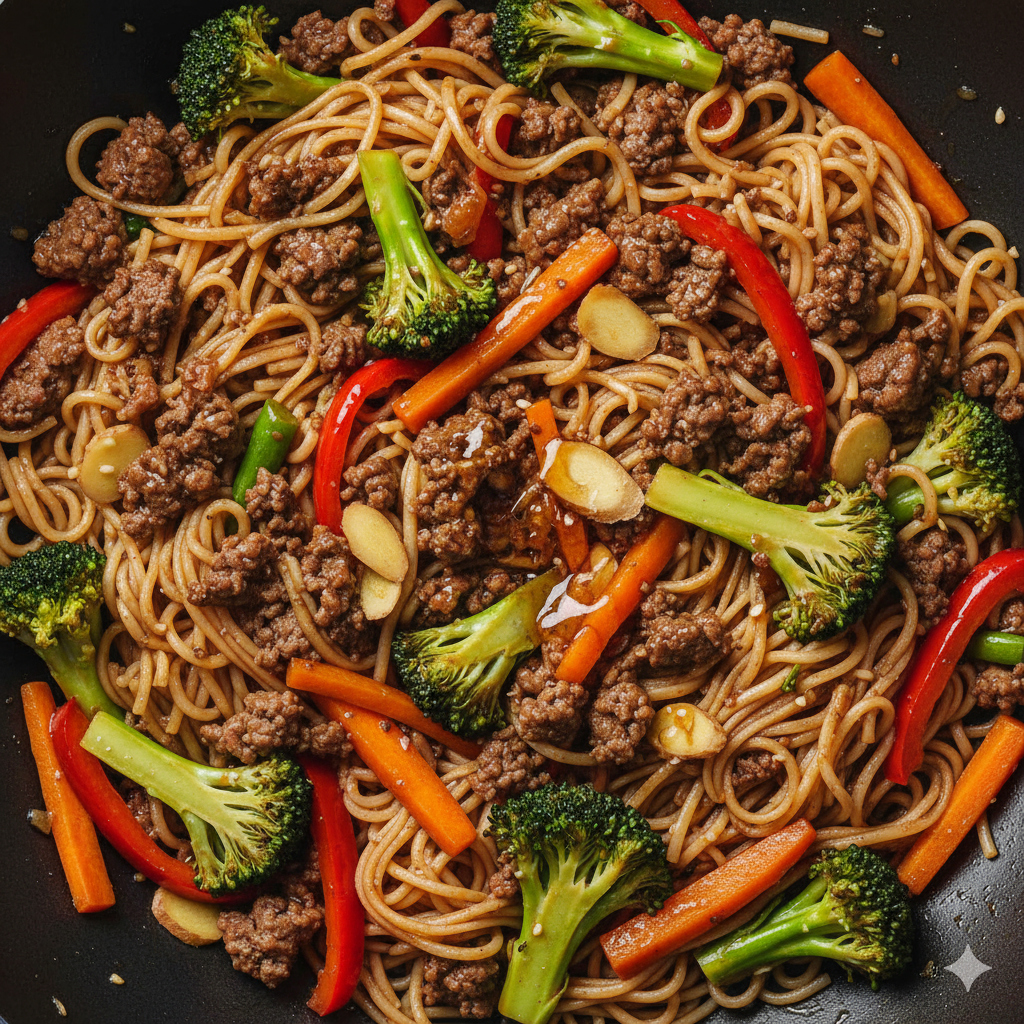 Low FODMAP diæt symboliseret ved en wokret med broccoli, gulerødder, kød, rød peber og nudler.