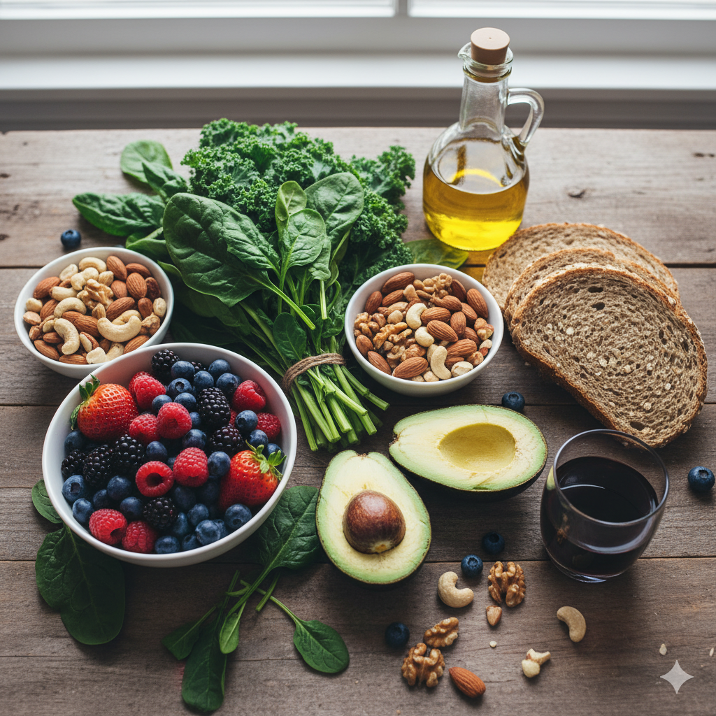 MIND-diæten symboliseret ved foto af 2 halve avocados, en skål med bær, kål, en lille flaske med olie, brød, nødder.