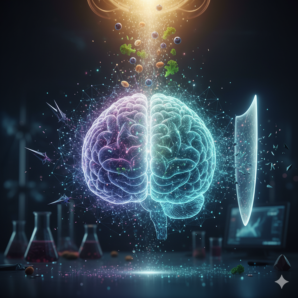 MIND-diæten symboliseret ved lysende model af hjerne med sort baggrund. Konturen af kolber bagved og et lysende skjold mod ukendt fare.