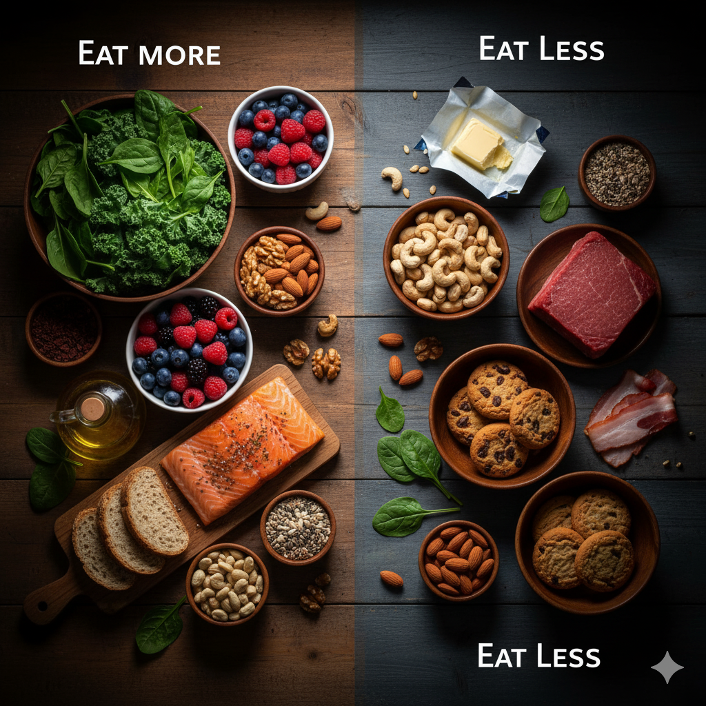 MIND-diæten symboliseret ved et to-delt billede. Til venstre står Eat more og til højre Eat less. Der vises forskellige fødevarer i felterne under dette.