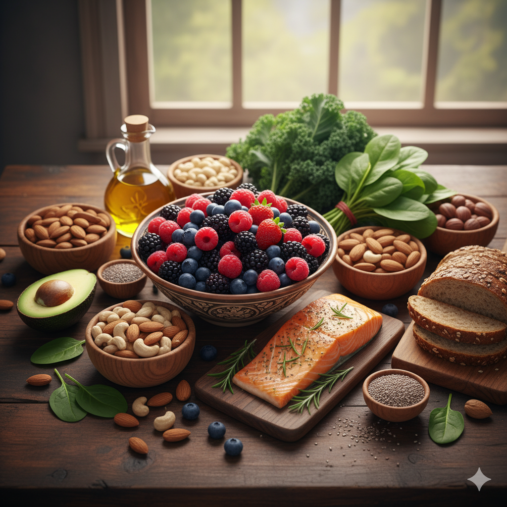 MIND-diæten symboliseret ved et bord med fødevarer. Her er laks, nødder, avocado, olie, krydderurter, brød, bær, havregryn mm.