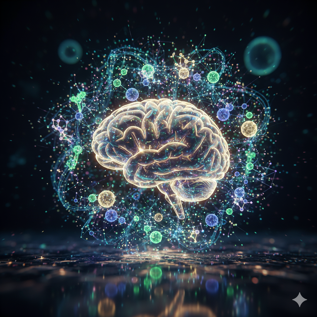 MIND-diæten symboliseret ved en lysende rosa hjerne og små symboler omkring denne.