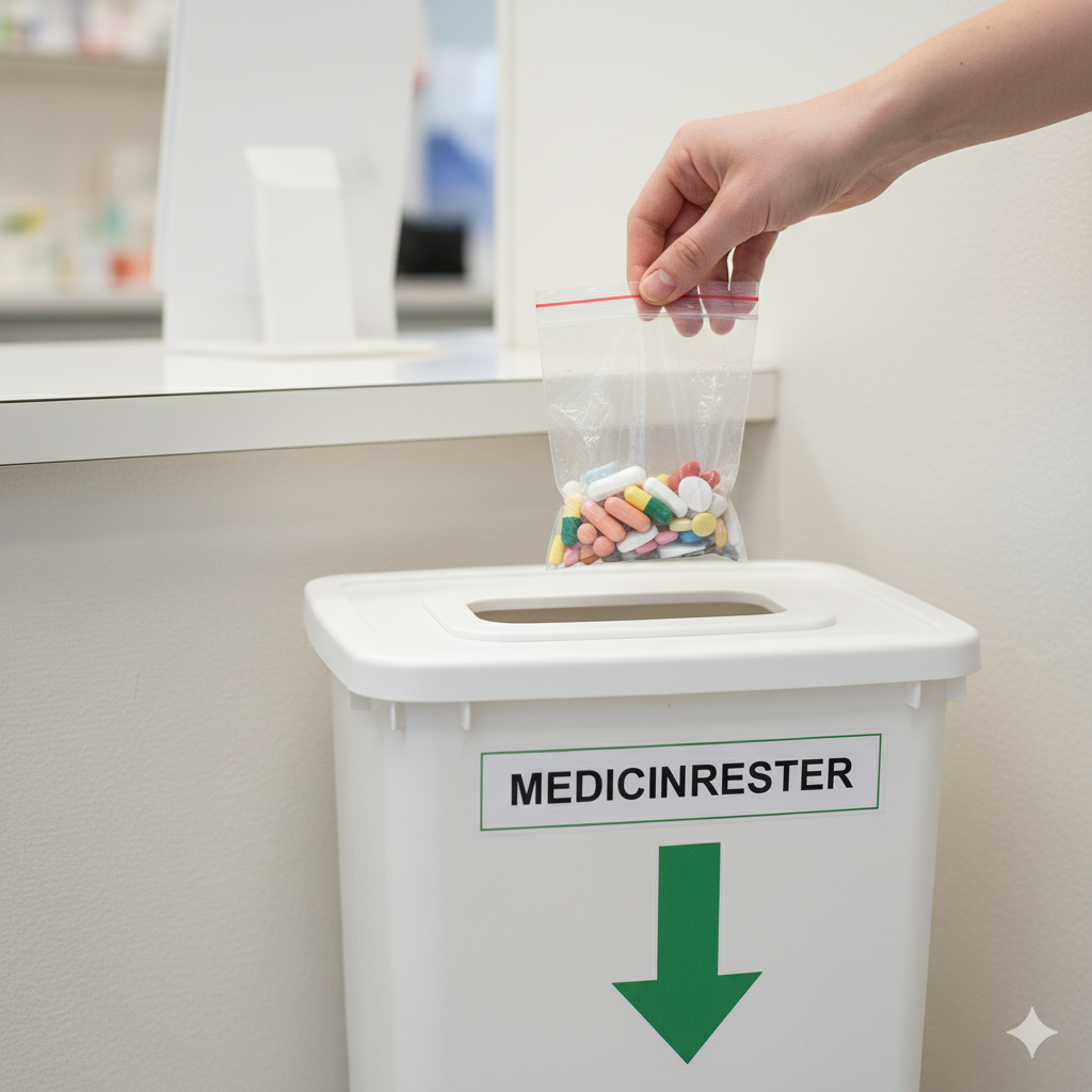 Medicinrester i miljøet symboliseret ved en bøtte til aflevering af medicinrester.