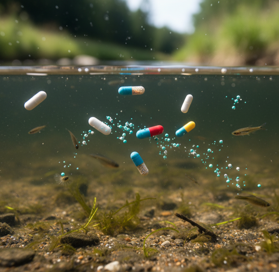 Medicinrester i miljøet symboliseret ved nogle forskellige kapsler der svæver over jorden.