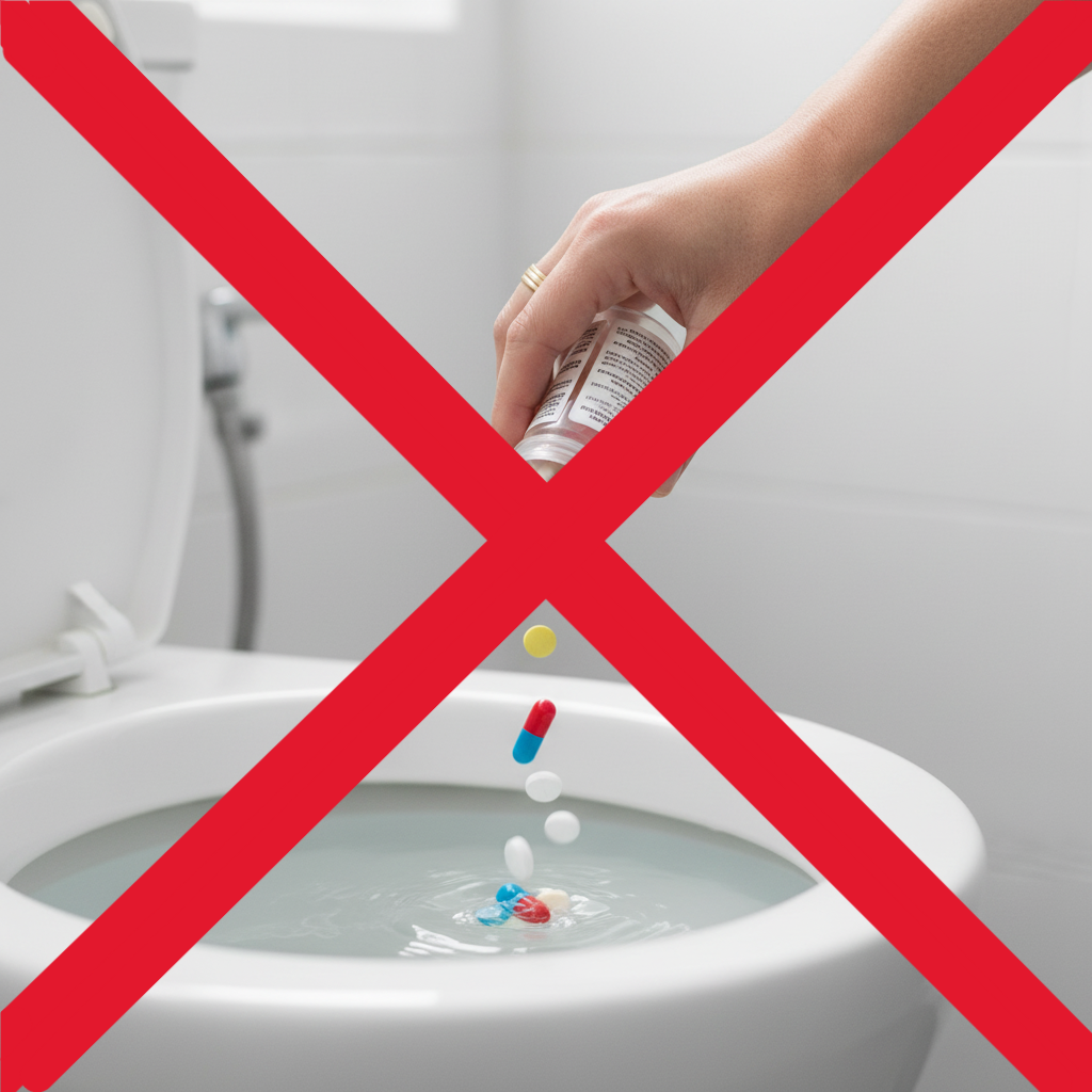 Medicinrester i miljøet symboliseret ved et toilet, hvor der hældes piller end i kummen. Der er et rødt kryds over dette.