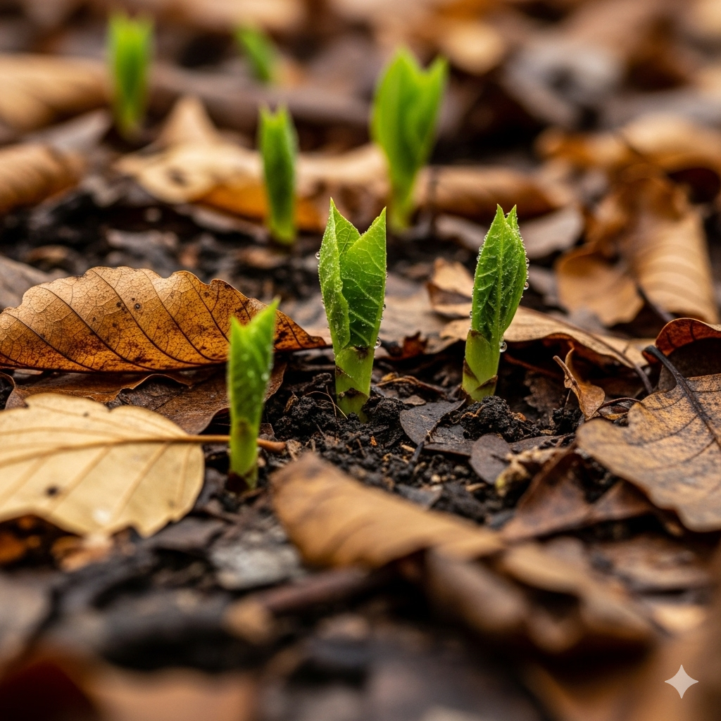 Paradokset symboliseret ved en masse spirer der kommer op af jorden, der også er dækket med visne blade.
