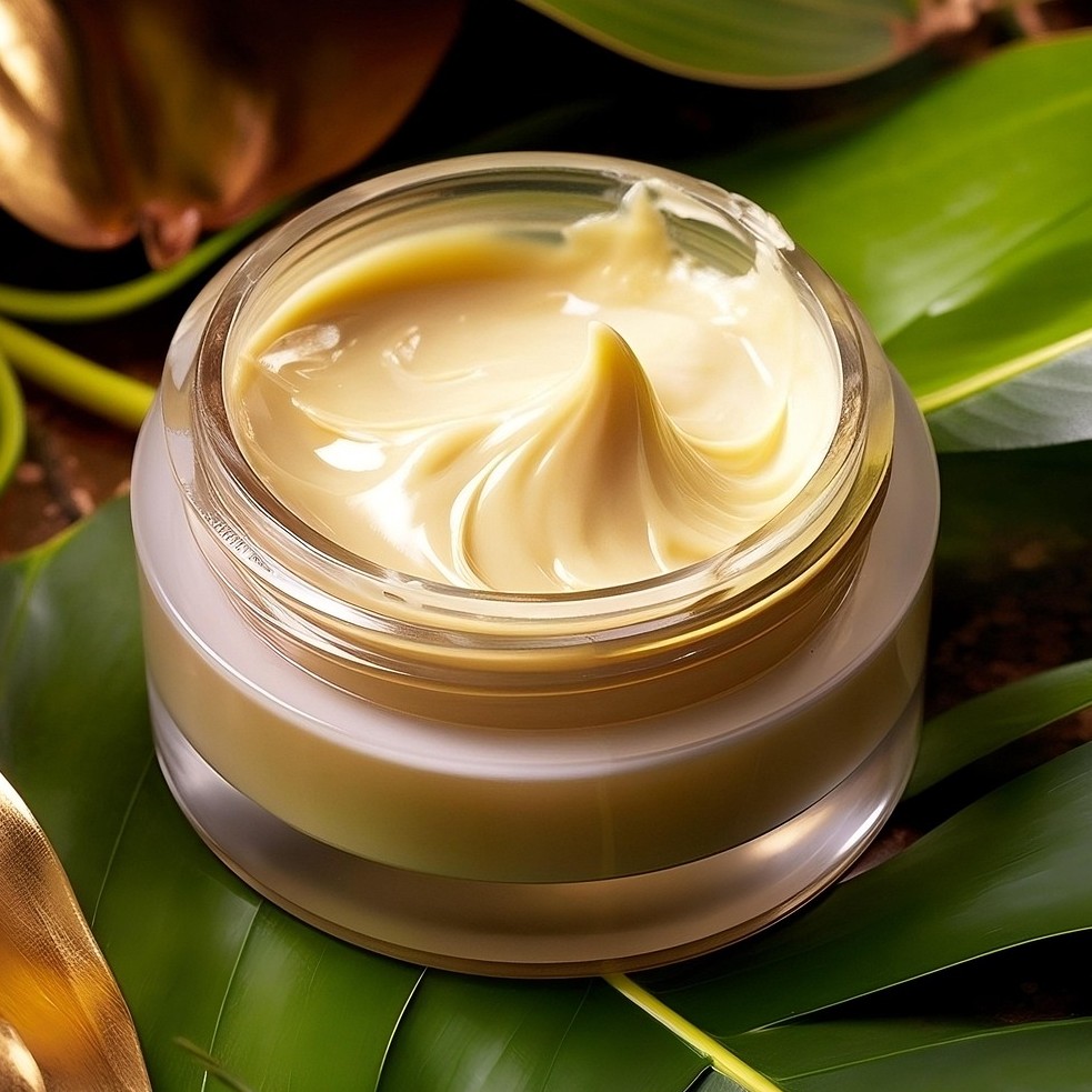 Personlig pleje og kosmetik symboliseret ved en dåse gullig creme, der står på et stort grønt blad.