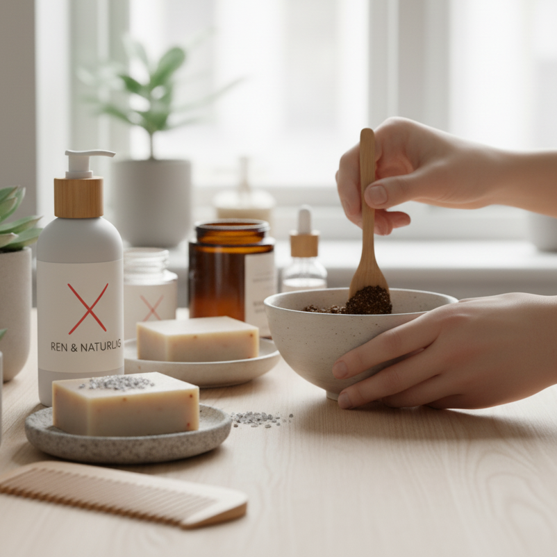 Personlig pleje og kosmetik symboliseret ved et bord med en skål, hvor der bliver rørt noget sammen. En flaske med doseringspumpe, en krukke og to sæbeblokke.