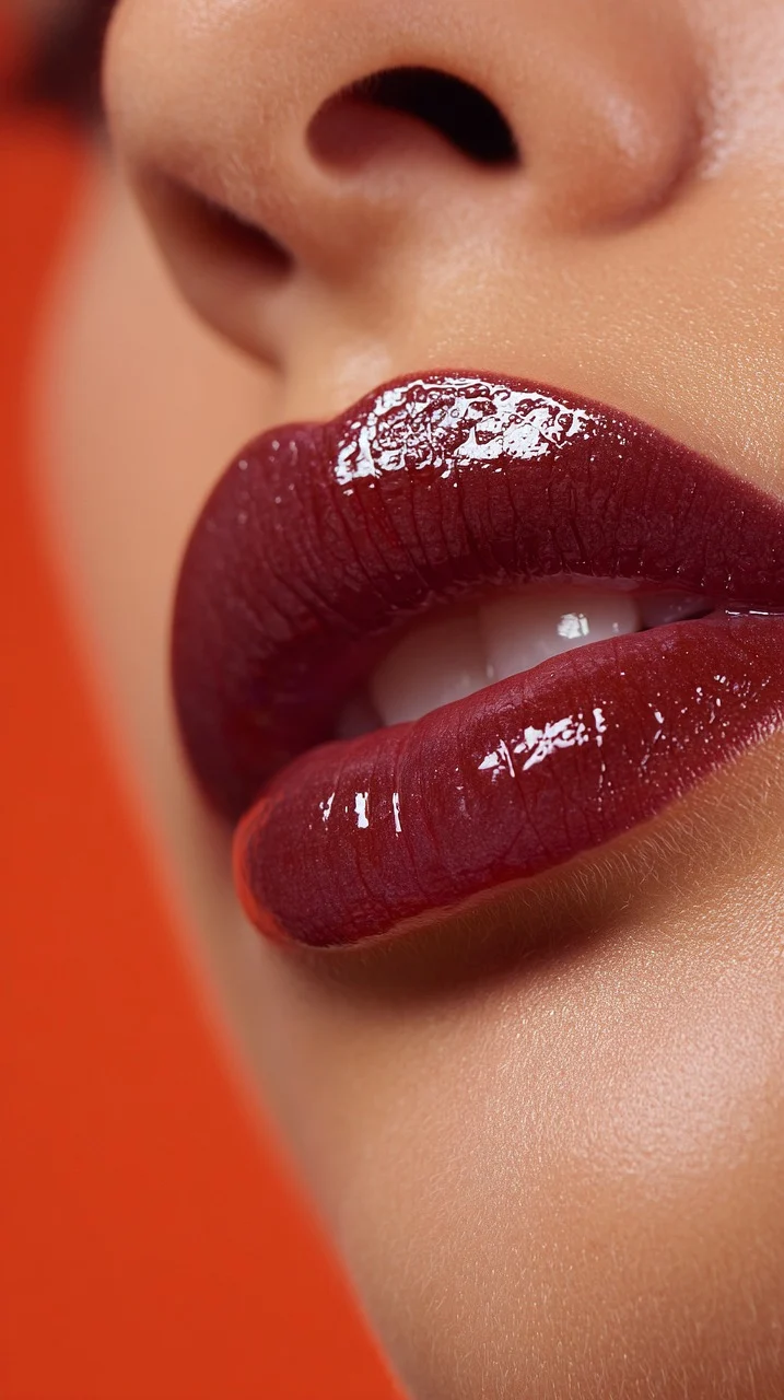 Personlig pleje og kosmetik symboliseret ved et sæt læber med kraftig mørkrød læbestift.