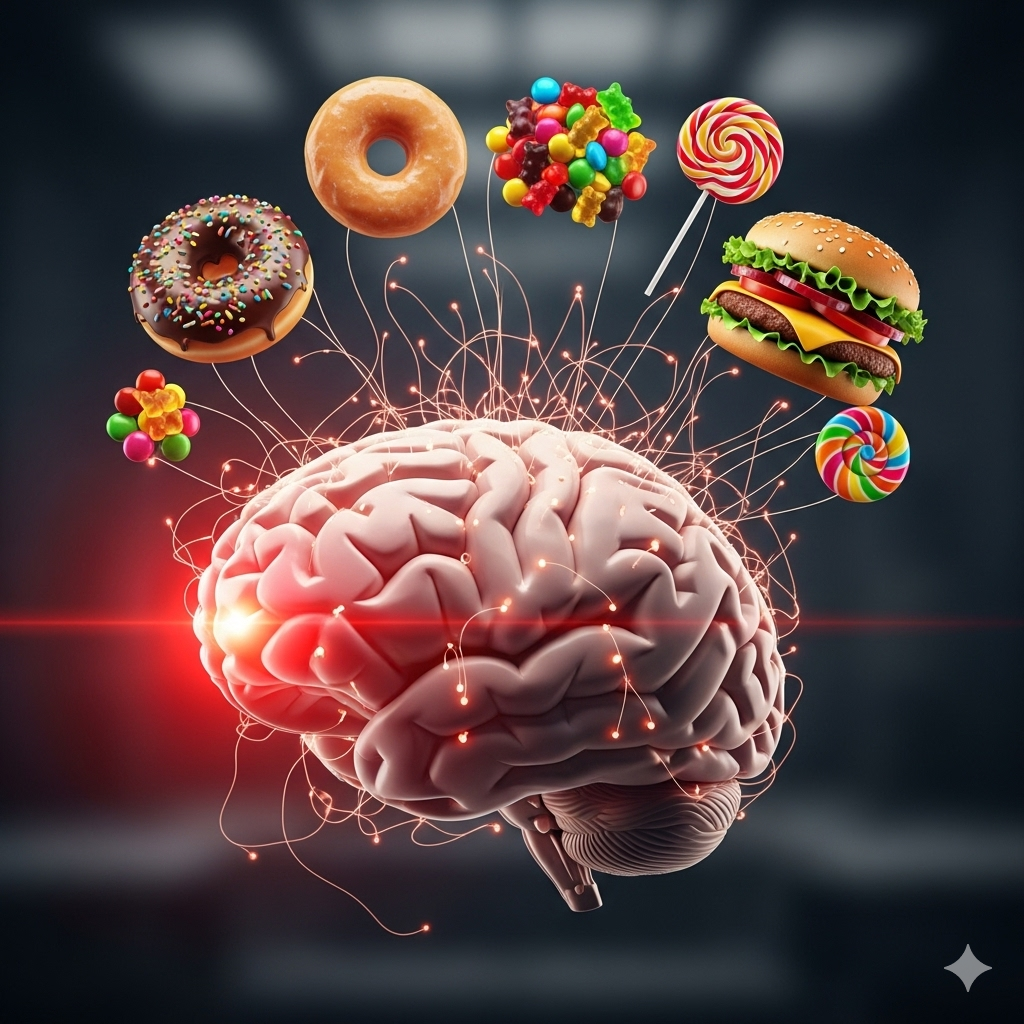 Stabiliser blodsukkeret symboliseret ved model af en hjerne med en masse fastfood og kager rundt om som cravings.