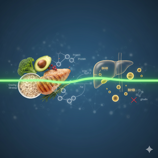 Stabiliser blodsukkeret symboliseret ved en ret flad vandret kurve i grøn gennem mad og lever. Blå baggrund.