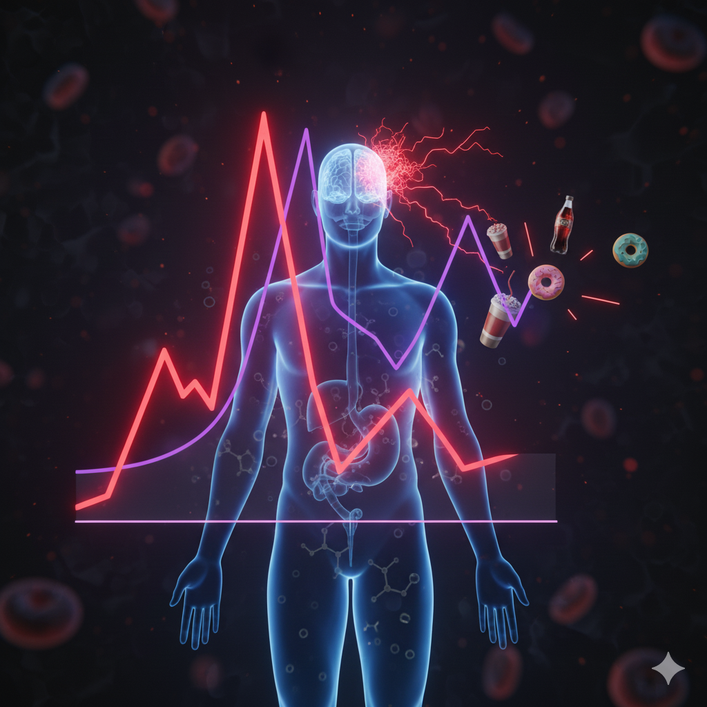 Stabiliser blodsukkeret symboliseret ved konturerne af et menneske i lys blå streg med en kurve ind over i lysende rød. Mørk baggrund.