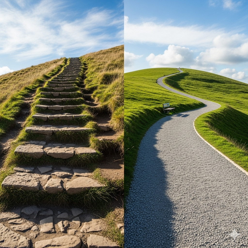 Stabiliser blodsukkeret symboliseret ved to veje, den ene med stejle trin og den anden med jævn vej
