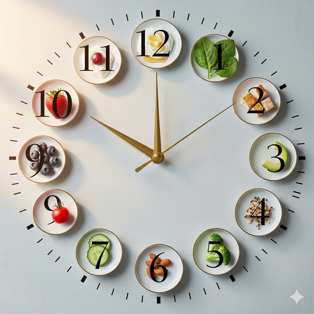 Stabiliser blodsukkeret symboliseret ved et ur med forskellige frugter i hvert felt for tal.