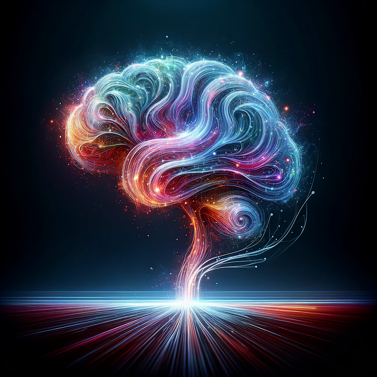 Styrk hjernefunktionen symboliseret ved en model af hjerne med blå og rosa abstrakte snoninger og en streng ned til grunden, hvor den igen breder streger ud i alle retninger.