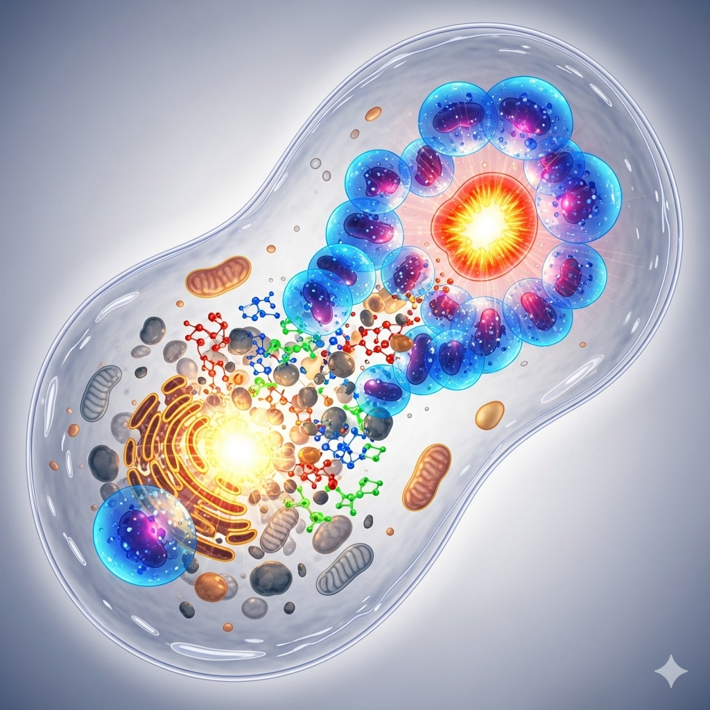 Styrk immunforsvaret symboliseret ved en amøbeagtig celle med blåt og orange i kernen.