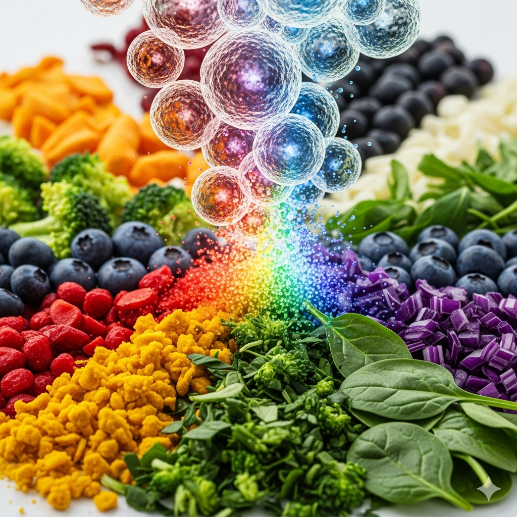 Styrk immunforsvaret symboliseret ved en masse fødevarer som grøntsager og bær samt nogle citronskiveagtige celler der kommer ned oppefra.