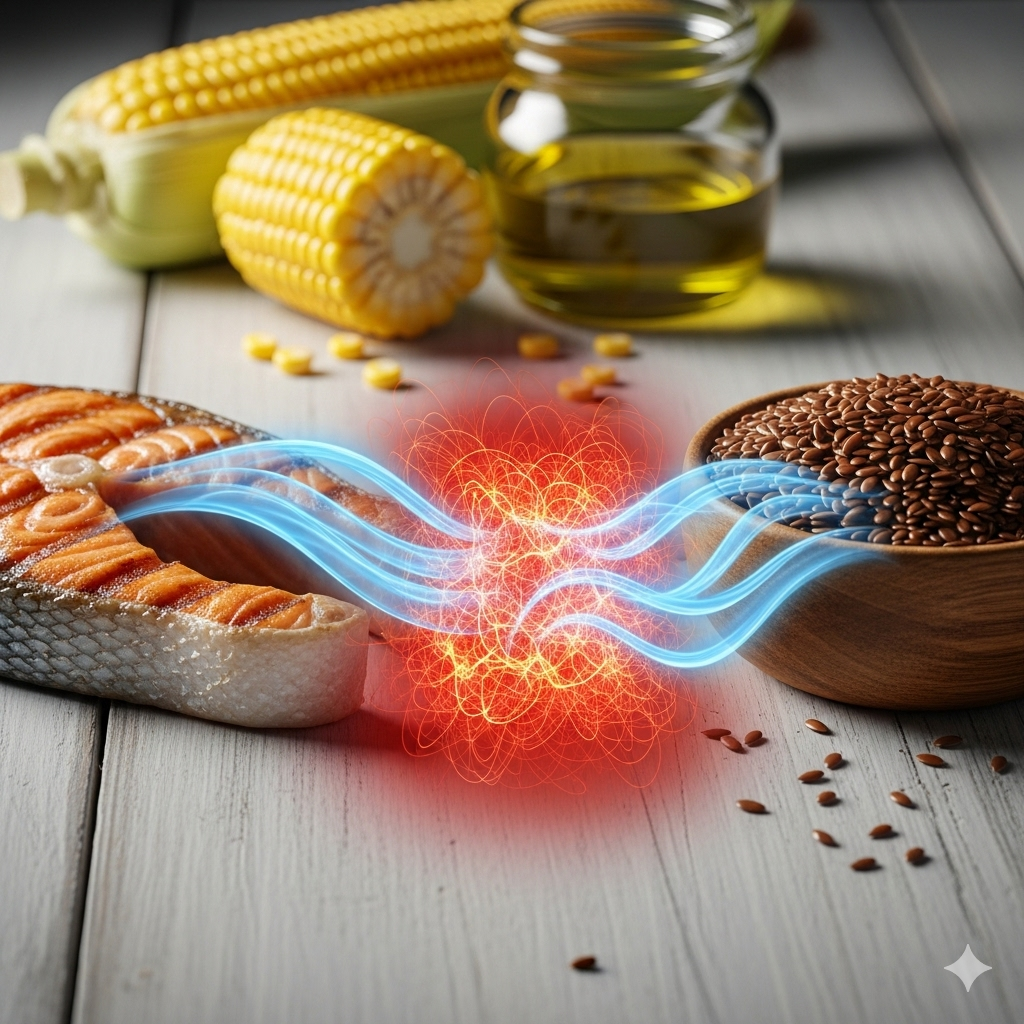 Styrk immunforsvaret symboliseret ved et stykke laks, nogle linser, majs og olie, der ligger på et bord. Røde gløder imellem og blå svungne streget.