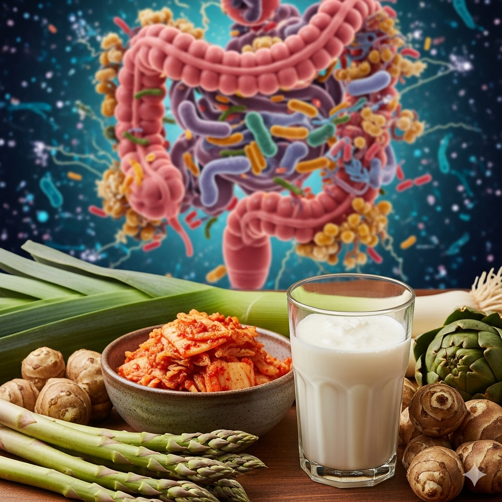 Styrk immunforsvaret symboliseret ved et glas mælk, nogle asparges, løg og artiskok. Over det hele svæver model af en tyktarm. Blå baggrund.
