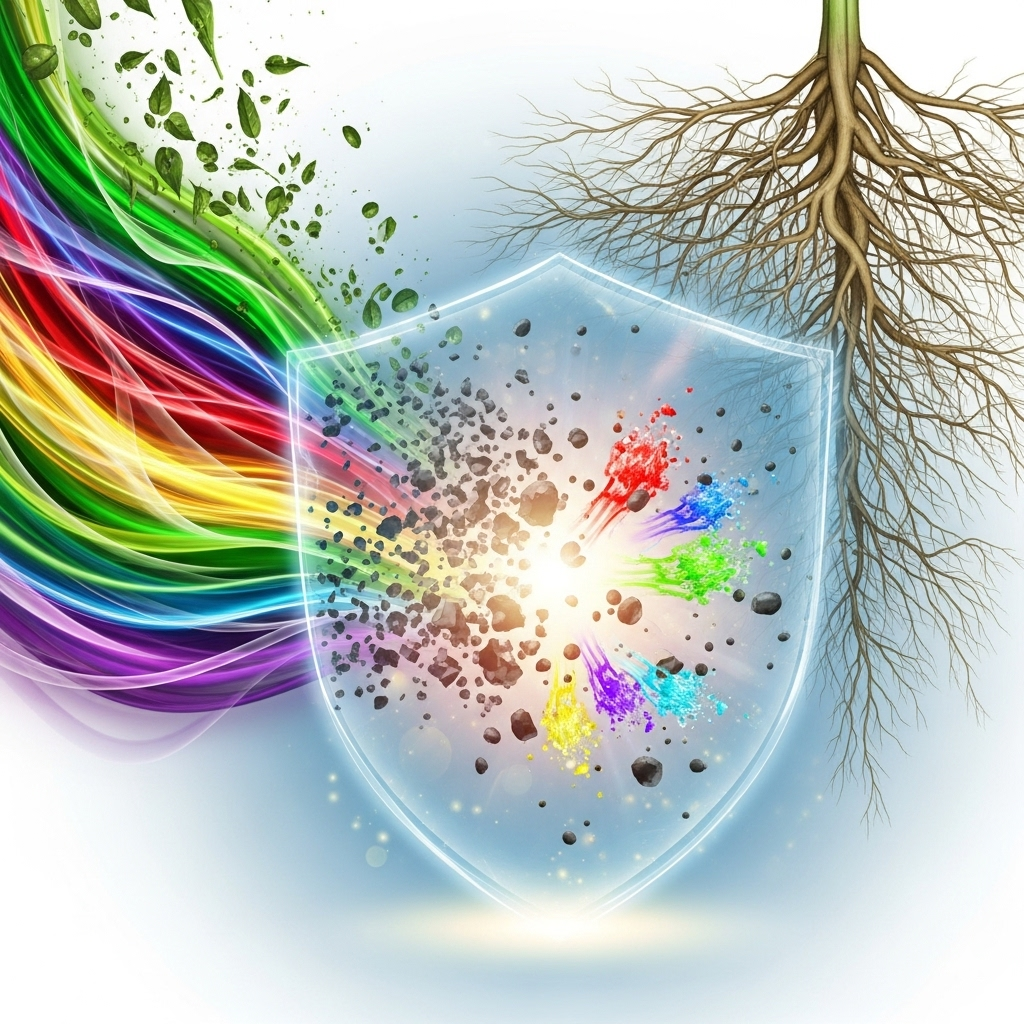 Styrk immunforsvaret symboliseret ved et halvgennemsigtigt skjold og et rodstykke og nogle farvede bånd.