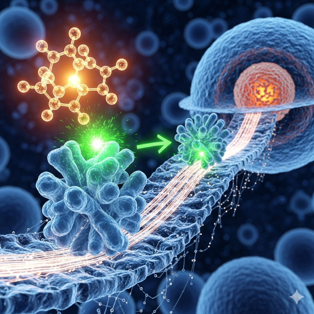 Styrk immunforsvaret symboliseret ved forskellig artede celler - runde, hule, stumt piggede og lysende satelitter. Mørk blå baggrund.