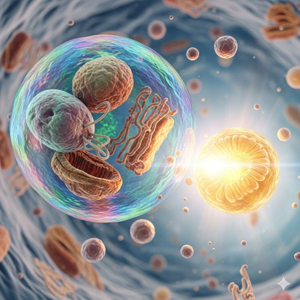 Styrk immunforsvaret symboliseret ved rosa celler der svæver rundt i et lyseblåt univers.