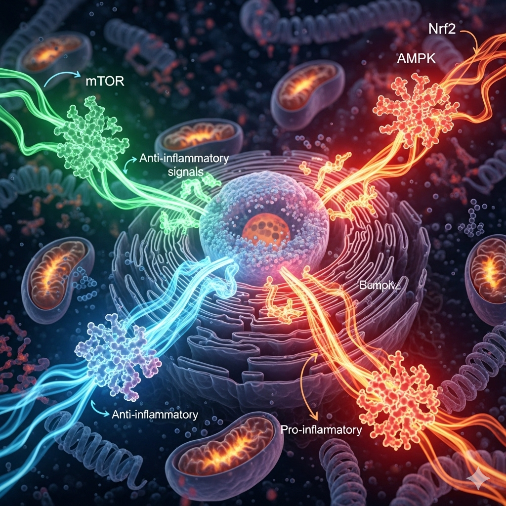 Styrk immunforsvaret symboliseret ved 4 diagonale lysbundter der mødes ved en hul ringformet celle i midten. Bønneformede celler omkring dette.