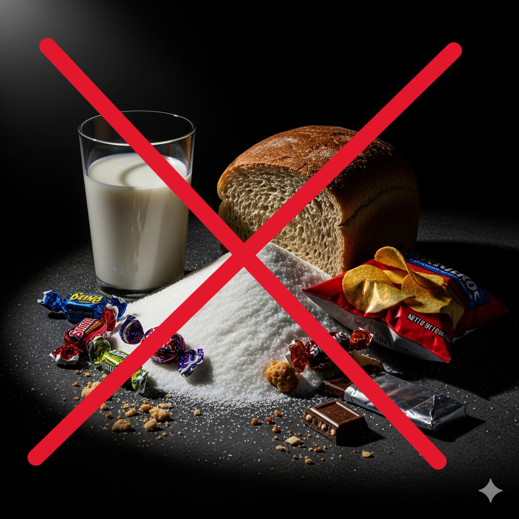 Wahls protokol symboliseret ved slik, mælk, hvidt brød og sukker med et rødt kryds henover.