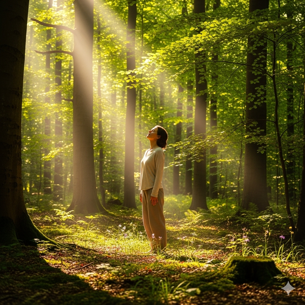 Wahls protokol symboliseret ved en kvinde der står i en skov og nyder solstrålerne der rammer hende.