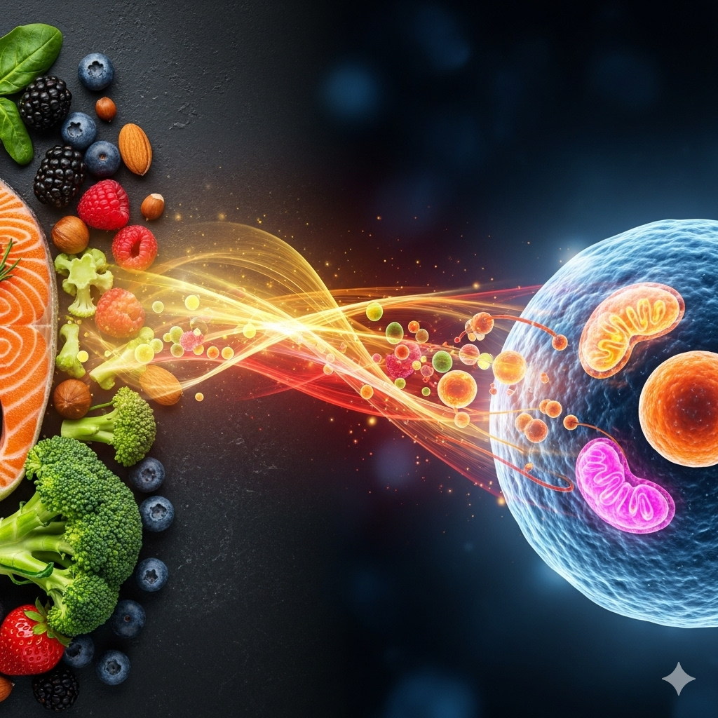 Wahls protokol symboliseret ved en klar boble til højre med tre forskellige celler i og til venstre noget forskelligt mad - grøntsager og bær. Imellem disse en energikontakt.