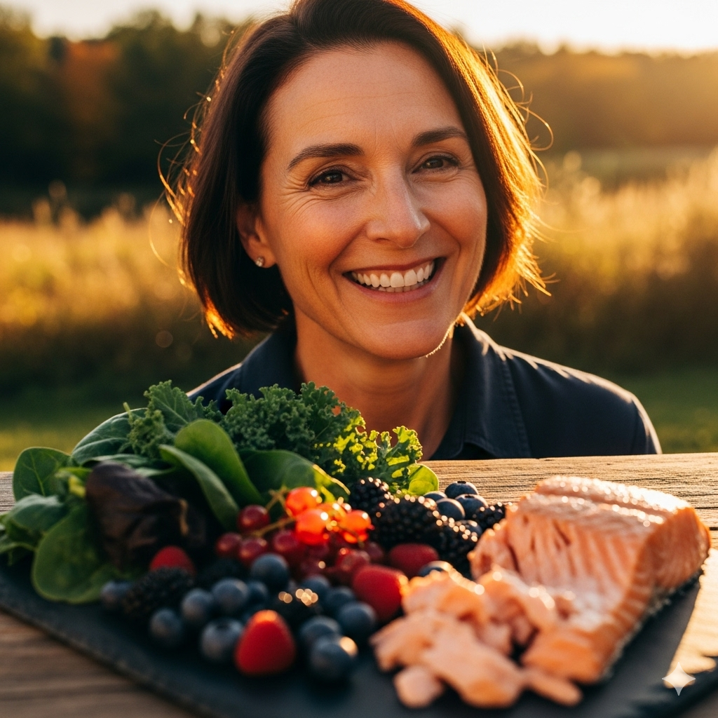 Wahls protokol symboliseret ved en kvinde der rækker et fad med laks, grøntsager og frugter frem.