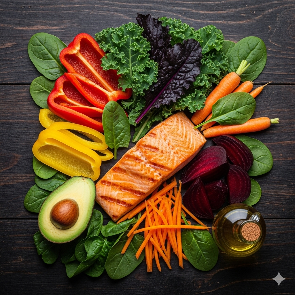 Wahls protokol symboliseret ved ½ avocado, et stykke laks, strimler af rød og gul peber, strimler af gulerødder, skiver af rødbede, buketter af grønkål.