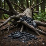 Aktivt kul symboliseret ved et væltet træ, hvor der ligger kulstykker over roden og på jorden.