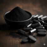 Aktivt kul symboliseret ved en skål med sort kulpulver og nogle sorte kapsler ved siden af.