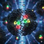 Aktivt kul symboliseret ved et molekyle med flere sorte enheder. Der er også røde, grønne og gule. Blå baggrund, der lyser stjerneformet.