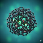 Aktivt kul symboliseret ved en molekylestruktur i et net af sorte forgreninger, der danner en porøs kugleform. Turkis baggrund.