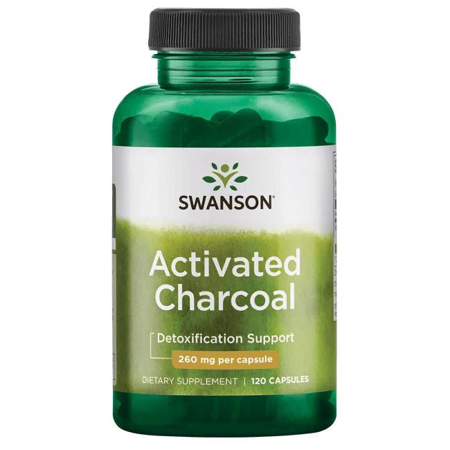 Aktivt kul symboliseret ved et grønt pilleglas fra Swanson med etiketten Activated Charcoal, Detoxification Support.